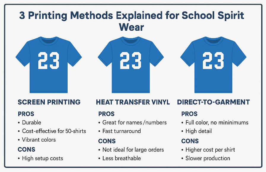 Infographic comparing screen printing, heat transfer vinyl, and direct-to-garment printing methods for school spirit wear, showing pros and cons with labeled T-shirts.