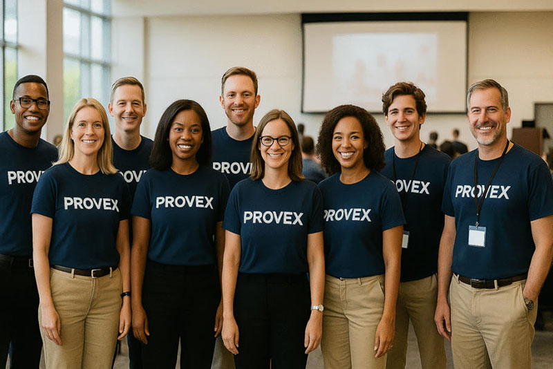 Corporate team wearing matching PROVEX t-shirts at a national conference, showcasing high volume custom t-shirt printing for events used in company branding, team-building, and large-scale business gatherings.