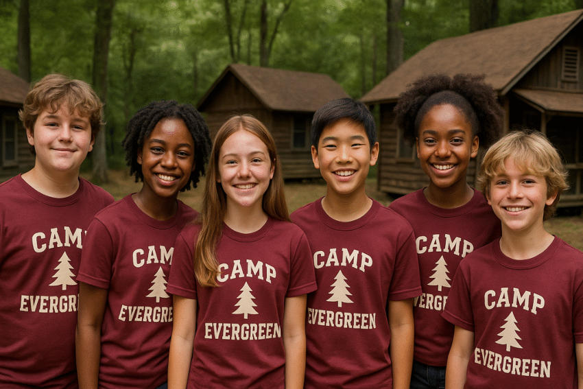 Six campers at Camp Evergreen stand smiling in matching maroon shirts with a cream evergreen tree logo, posing in front of rustic wooden cabins surrounded by forest.