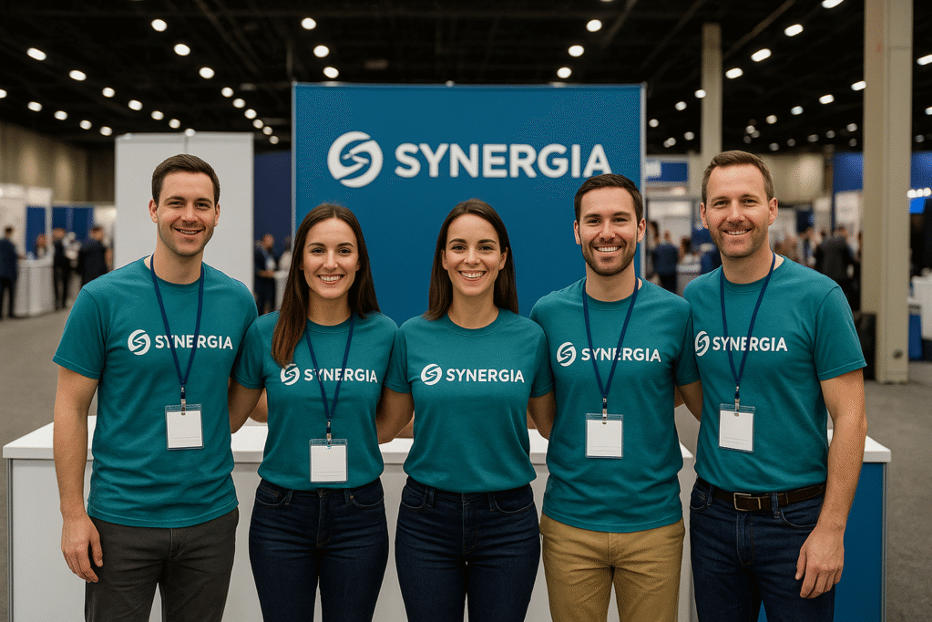 Five trade show staff members standing in front of a branded SYNERGIA booth, all wearing matching teal company T-shirts and name badges, smiling confidently in a professional convention setting.