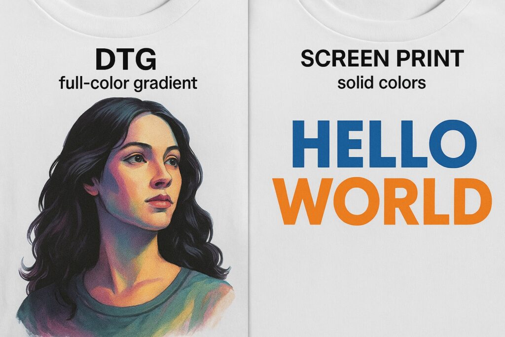 DTG custom shirt with full-color gradient vs screen print with solid colors