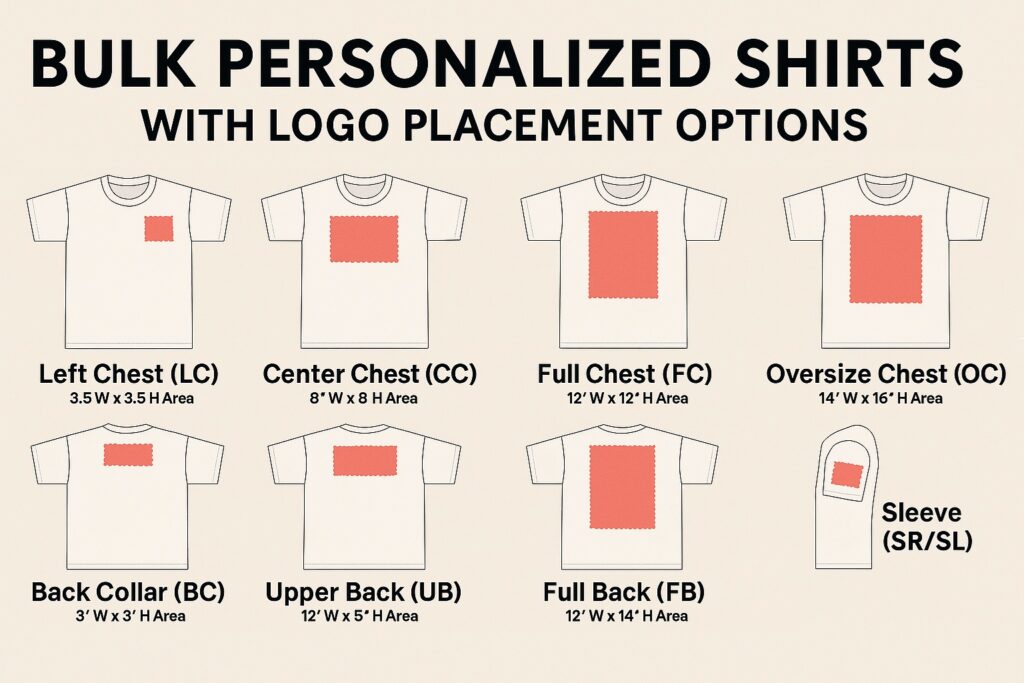 Illustration of bulk custom T-shirt logo placement options from SummitShirts, showing front, back, and sleeve areas with labeled dimensions for each placement zone