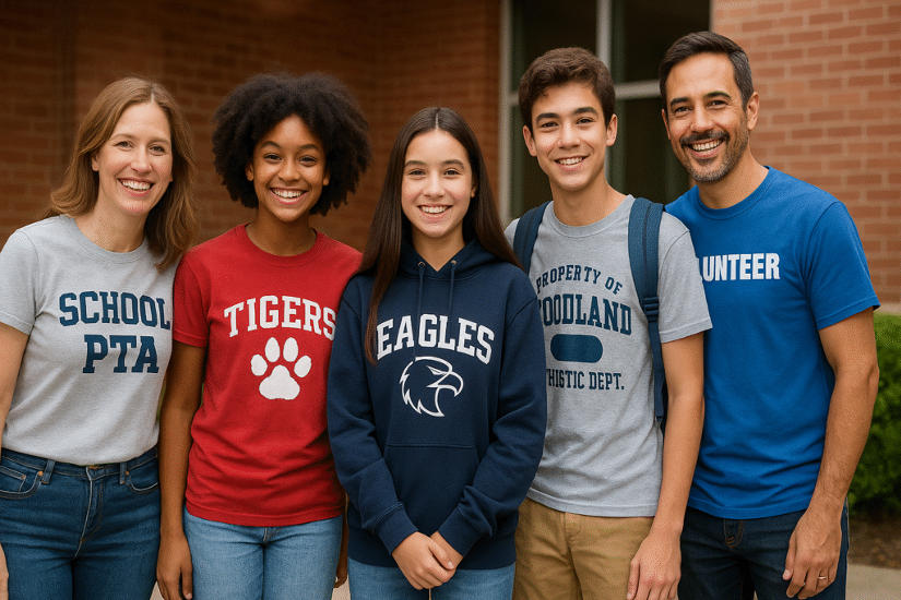 Parents and students standing together outside a school wearing custom printed shirts that represent their school spirit and support for school district events.