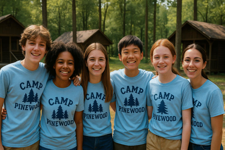 Six diverse campers pose together at Camp Pinewood, smiling in matching light blue camp logo shirts with pine tree graphics, set against a rustic forest camp background.