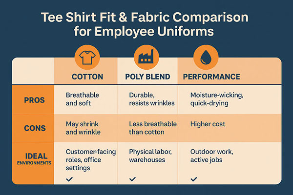 Fabric comparison chart for employee uniform t-shirts