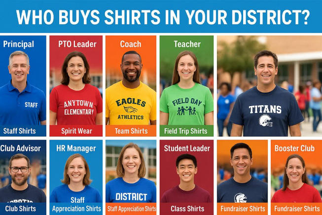 Custom printed shirts for school districts – students and staff at school event wearing matching shirts.