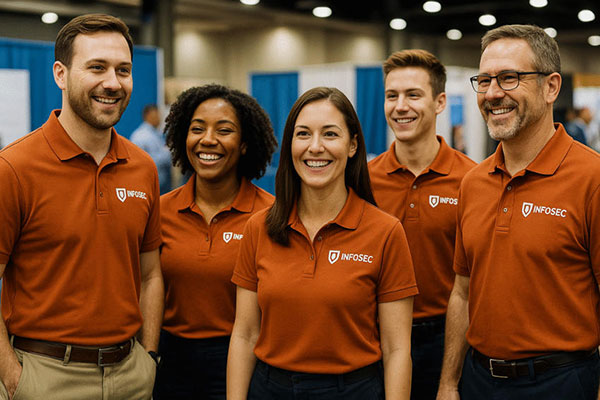 Group of diverse employees at a trade show wearing matching burnt orange polos with company logos, representing wholesale custom tees for employee uniforms.