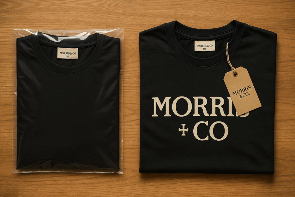 Custom printed t-shirts for resale featuring private label tags, hang tags, and retail-ready packaging.