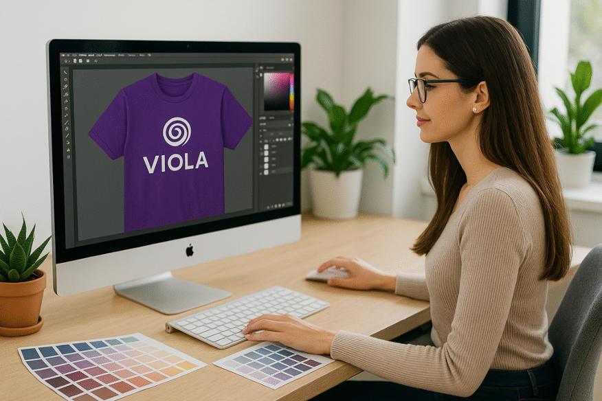 Young female designer creating a Viola branded t-shirt on screen, illustrating custom t-shirts with design support for brand launches in a creative workspace.