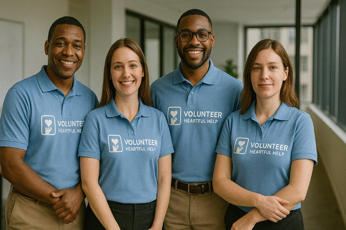 Four nonprofit volunteers in light blue polo shirts with the Heartful Help logo and "VOLUNTEER" text, standing together in a bright modern office setting
