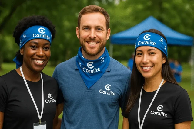 Corporate team wearing custom logo bandanas at brand activation event.