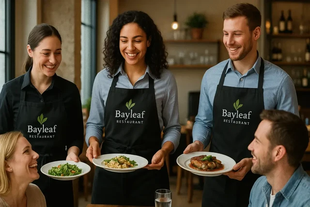 Three Bayleaf Restaurant servers wearing black aprons with embroidered logos serve plated meals to smiling customers in a warm modern dining space