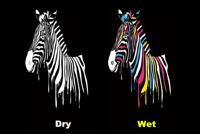 T-shirt with a hydrochromic ink design showing a dry vs wet view of how a logo appears using hydrochromic ink.