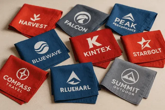 Artistic photo of red, blue, and grey logo bandanas featuring various fake company logos, ideal for promotional use and bulk branding events.