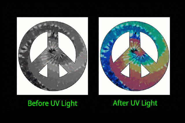 T-shirt printed with UV-sensitive photochromic ink, displaying a nearly invisible design indoors that transforms into vibrant colors when exposed to sunlight.