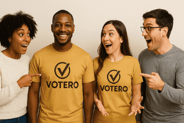 Two coworkers wearing matching company logo t-shirts while two colleagues excitedly react, pointing at the shirts with smiles and enthusiasm.