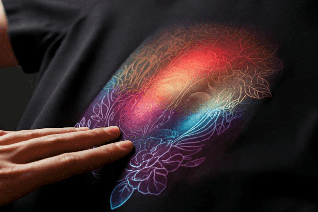 T-shirt with a bold design printed in thermochromic ink that changes color with heat, demonstrating color shift from cool to warm tones.