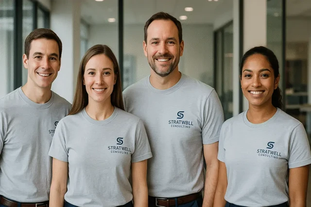 Four consulting professionals wearing matching branded Stratwell Consulting t-shirts in a modern office, showcasing cohesive corporate apparel.