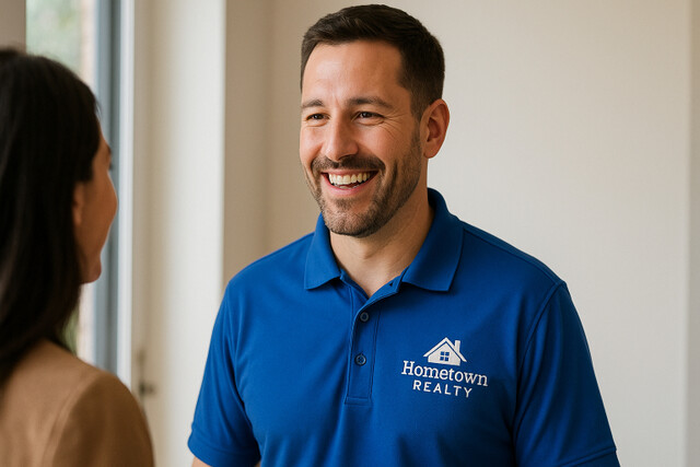 Real estate agent wearing a custom embroidered polo shirt with company logo while smiling and speaking to a client indoors.