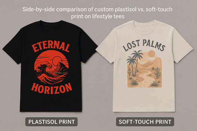 Side-by-side comparison of custom soft-touch print tee and bold plastisol print tee for lifestyle brands, highlighting texture and design differences.