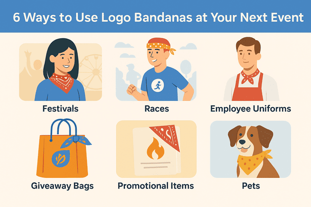 Infographic showing six creative ways to use custom logo bandanas at events, including races, festivals, pets, giveaways, uniforms, and promo kits.