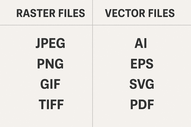 A chart comparing raster file types (JPEG, PNG, GIF, TIFF) with vector file types (AI, EPS, SVG, PDF), displayed in two labeled columns on a clean background.