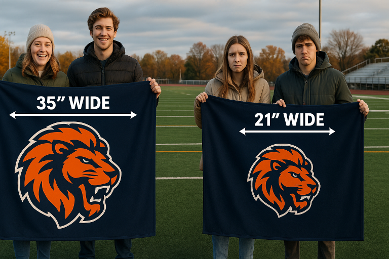 Four students on a football field comparing custom stadium blankets—two happy students hold AMBRO Manufacturing’s large 35-inch school logo, while two unhappy students hold a smaller 21-inch competitor logo, showcasing AMBRO’s superior blanket printing size.