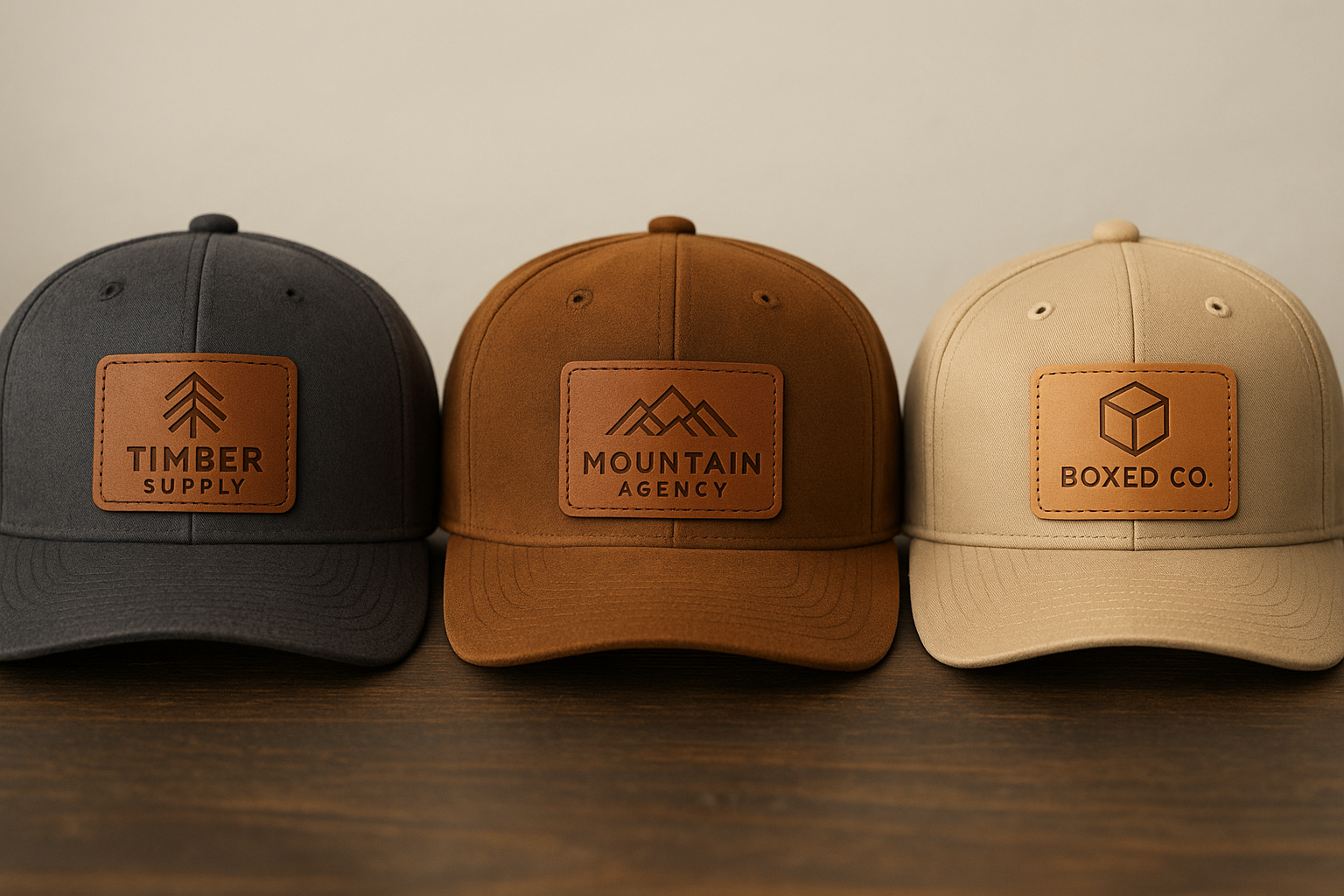 Three baseball caps in different colors, each featuring a brown leather patch debossed with a unique fictitious company logo.