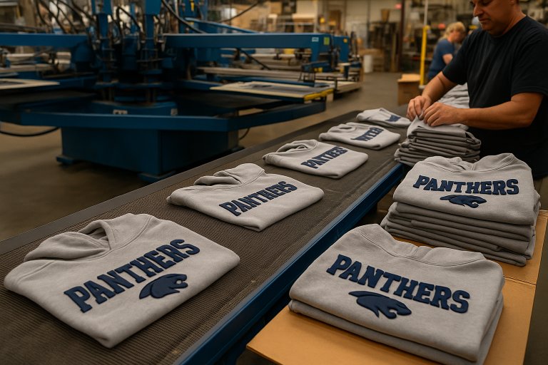 Large-scale puff print hoodie production at AMBRO Manufacturing facility in New Jersey