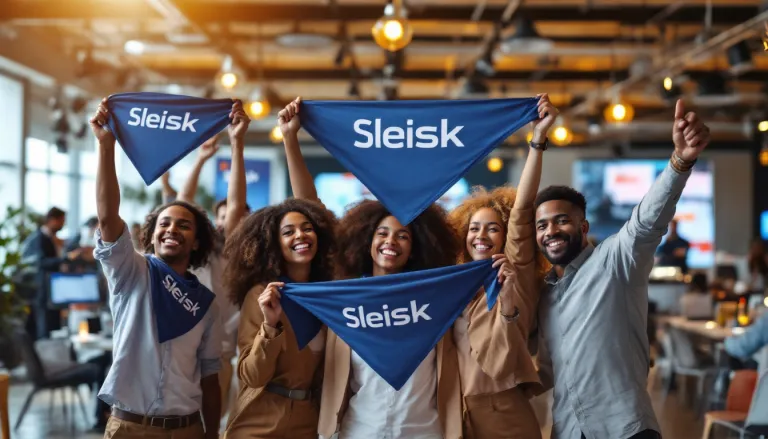 Employees together holding up their company name printed on a bandana.