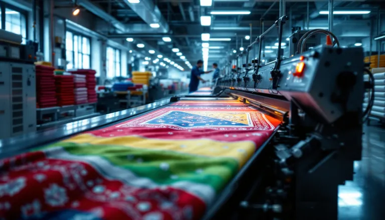 Various different bandanas in a factory, the factory is printing the bandanas.