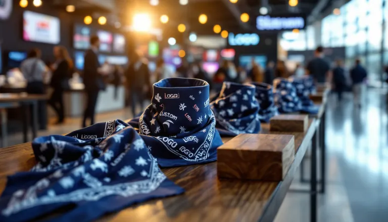 Custom printed bandanas displayed on a bar top.