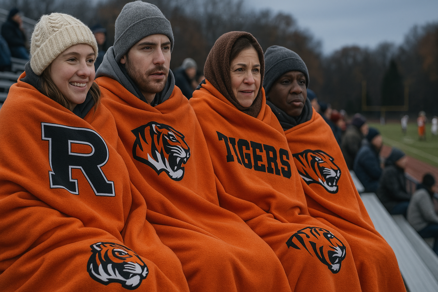 Spectators bundled in custom school stadium blankets with “R Tigers” logos at a cold fall high school football game, showing school spirit and warmth in the bleachers.