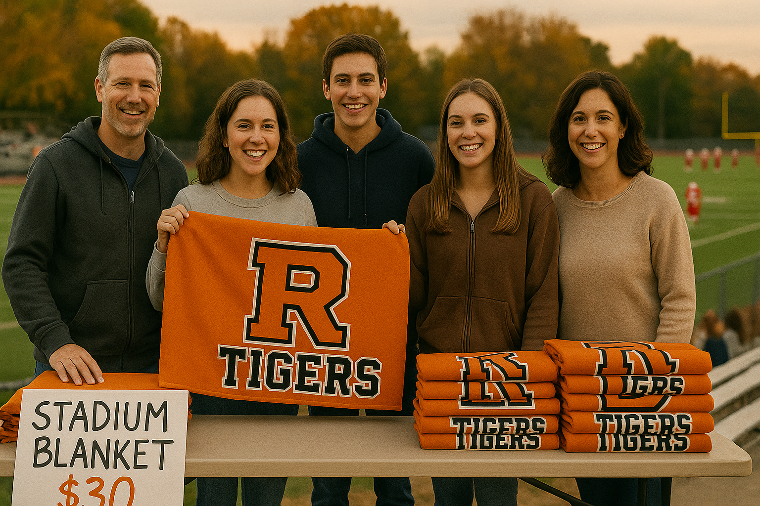 Students and parent volunteers selling custom school stadium blankets at a high school football game fundraiser with folded blankets showing school logos and team spirit designs on display.
