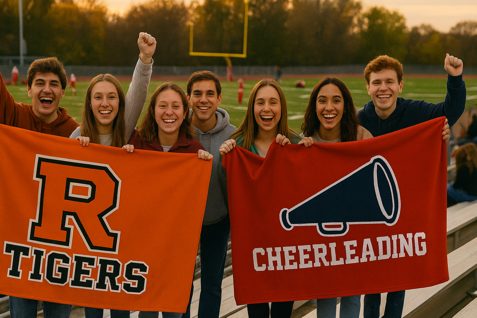 Students in bleachers holding personalized school stadium blankets with school logos and cheerleading designs during a fall high school football game, showcasing custom school blanket spirit gear.