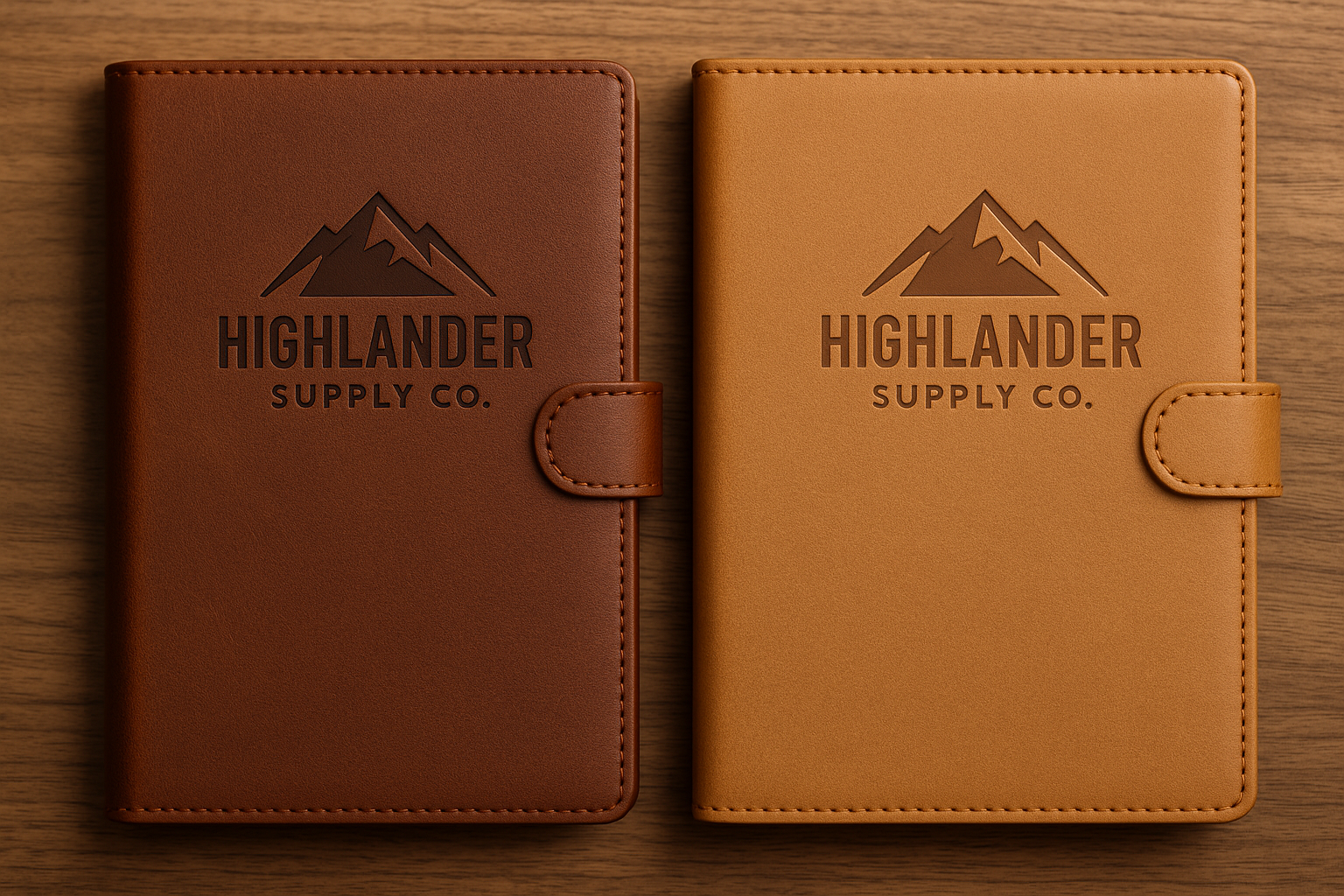 Two leather journals in different shades of brown with a fictitious company logo embossed on each cover, displayed side by side on a wooden surface