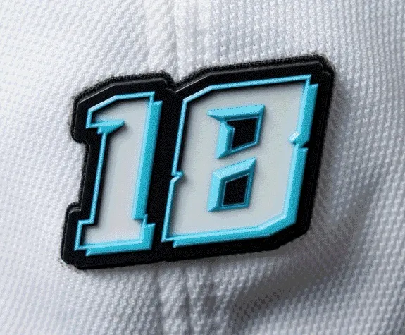 3D logo on hat with Liquid 3D number design in white and blue