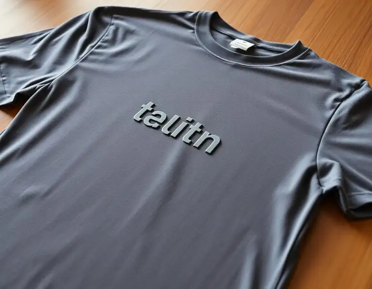 Dark gray t-shirt lying flat on a wooden surface with the word talith in raised letters across the chest.