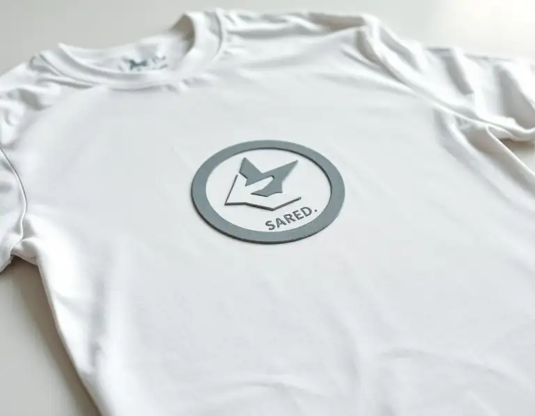 White t-shirt laid flat on a surface with a raised dark Tettion logo and upward arrow icon in the center.