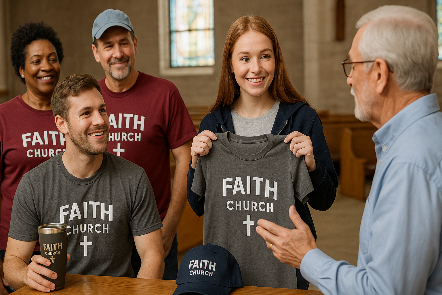 Realistic photo of a diverse group of church volunteers displaying branded fundraising items including shirts, caps, and tumblers inside a bright church hall.