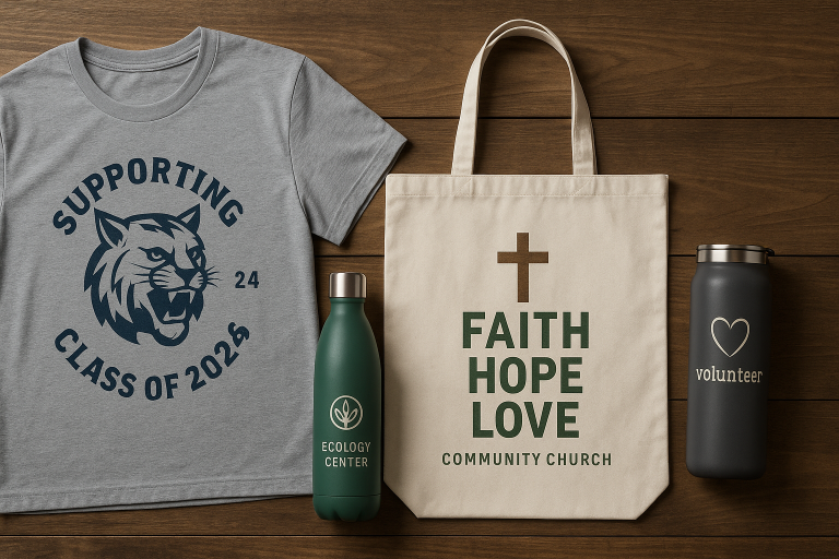 Realistic photo of custom fundraising products including a t-shirt, tote bag, and water bottles with designs for school, church, and environmental causes.