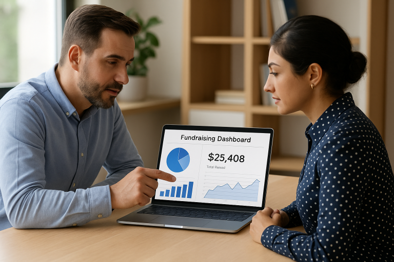 Realistic photo of two professionals discussing a fundraising dashboard with proper letter spacing on a laptop screen.