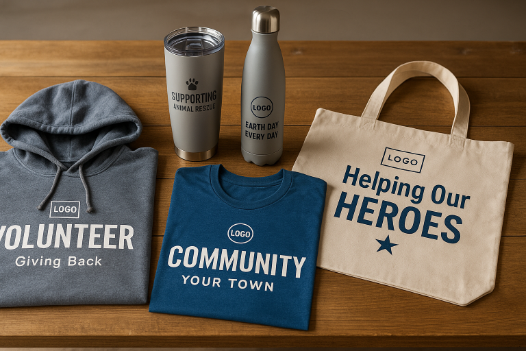 Realistic photo of complementary fundraising products including hoodies, t-shirts, tumblers, water bottles, and tote bags arranged neatly on a wooden table.