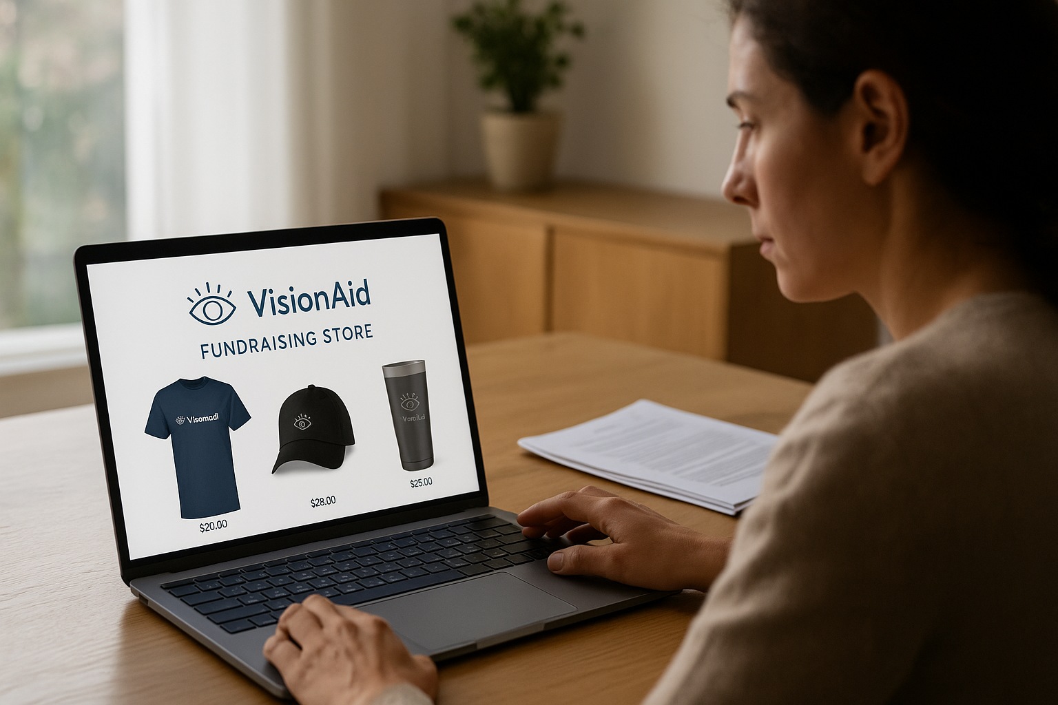 Realistic image of a nonprofit professional reviewing a laptop screen displaying an online fundraising store with branded merchandise.