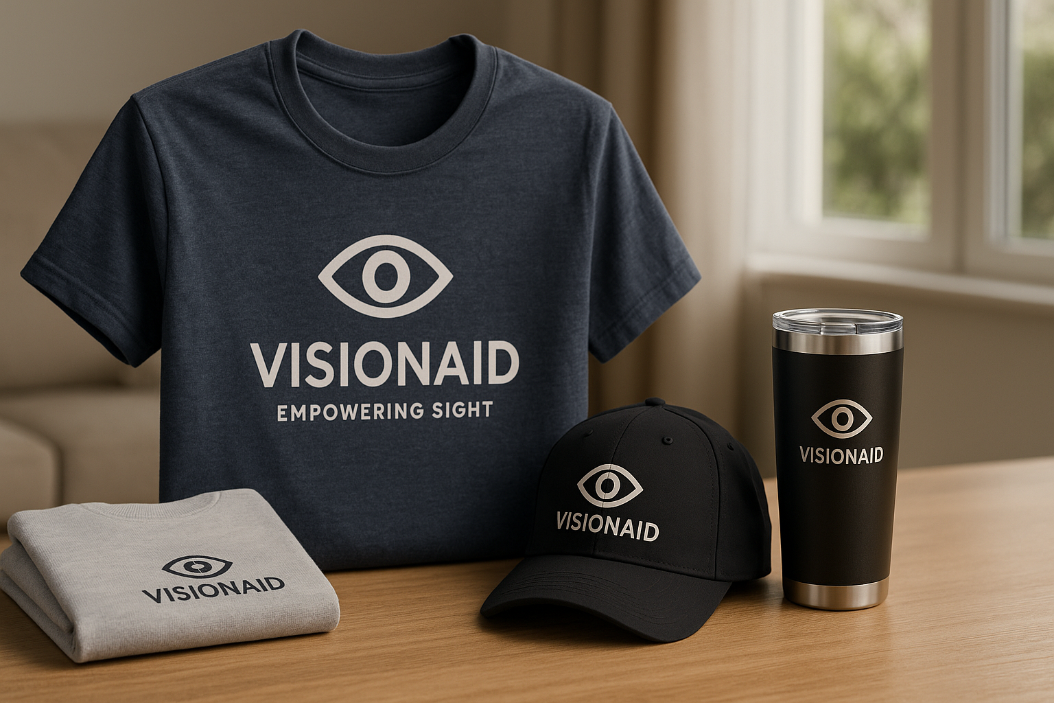 Realistic photo of branded fundraising merchandise including a VisionAid t-shirt, cap, and stainless steel tumbler displayed on a wooden table with soft natural light.