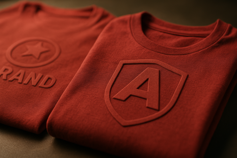Two red t-shirts with custom debossed and embossed logo designs, showing raised and recessed textures on soft cotton fabric under warm studio lighting.