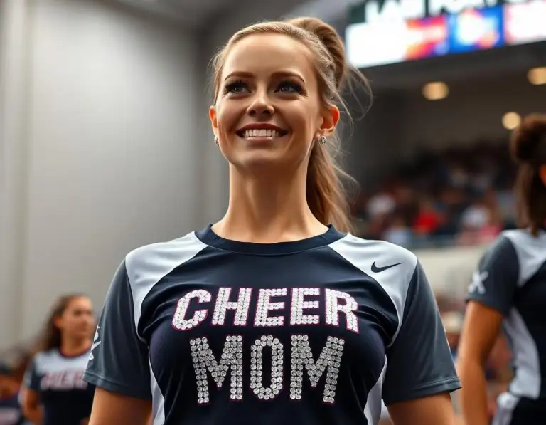 Woman wearing a rhinestone “Cheer Mom” shirt while standing in an arena during a cheer event