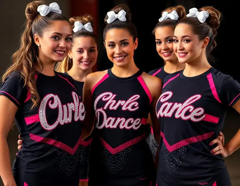 Group of five cheer and dance performers in matching navy and pink uniforms with rhinestone lettering