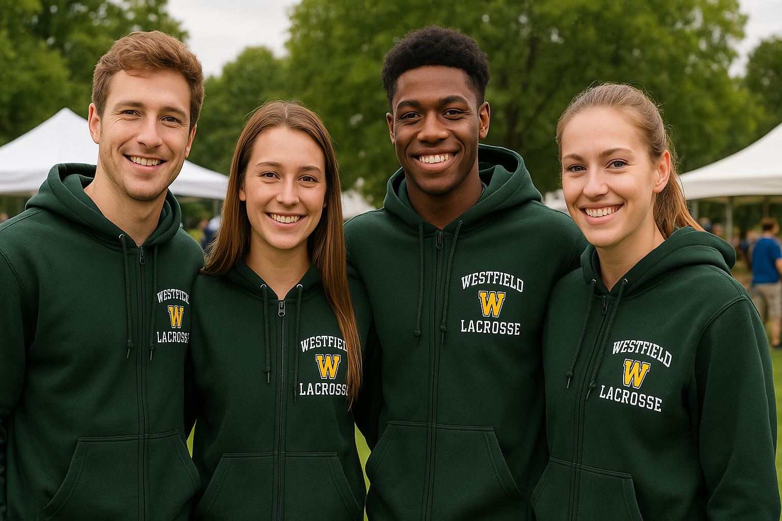 Four college lacrosse athletes wearing matching dark green embroidered hoodies, standing outdoors in front of trees and event tents.