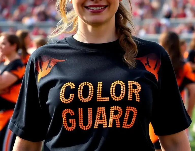 Person wearing a black shirt with orange rhinestone “Color Guard” lettering at an outdoor performance event